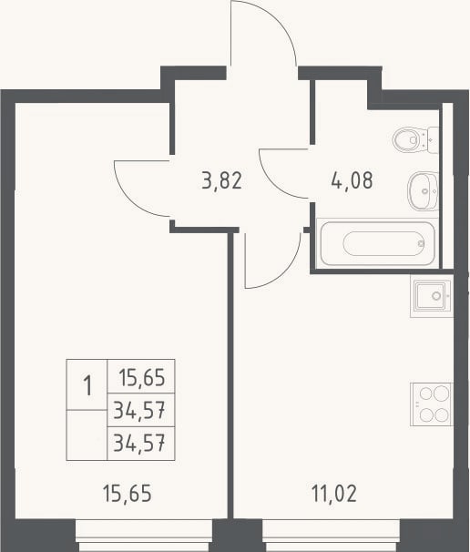 Планировка: 1-к, 34,6 м²