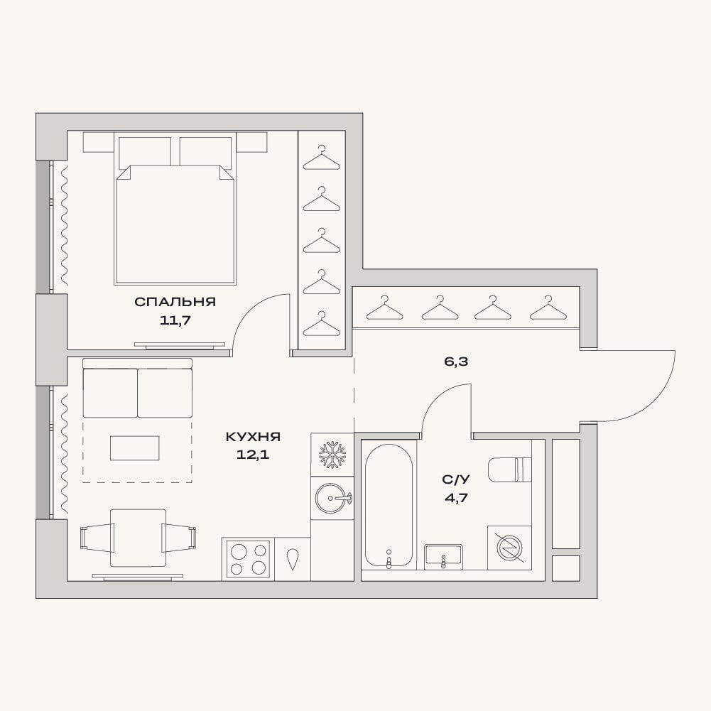 Планировка: 1-к, 34,8 м²