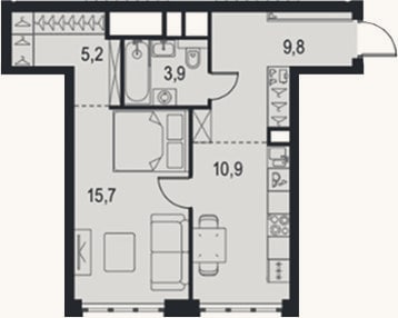 Планировка: 1-к, 45,5 м²