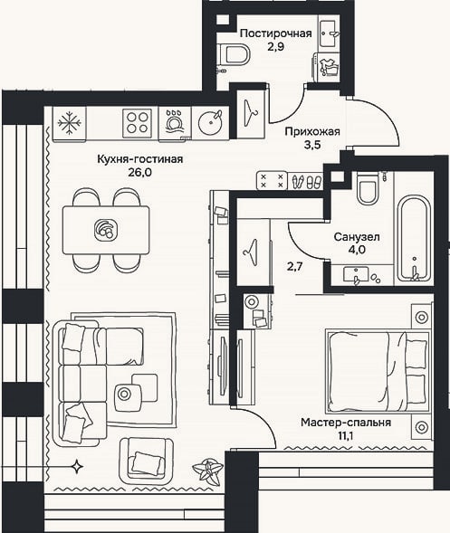 Планировка: 2-к, 50,2 м²