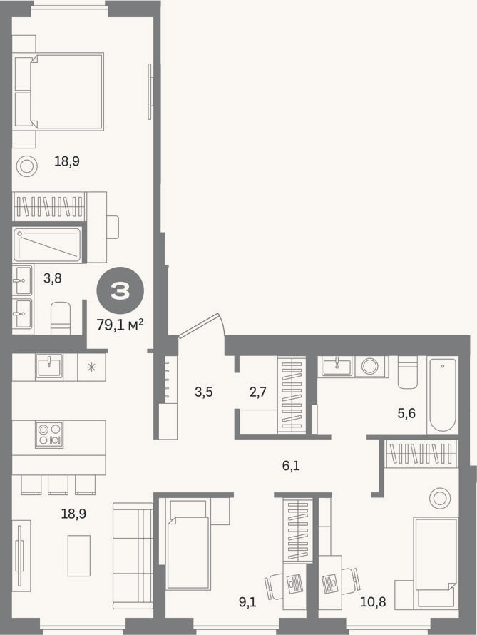 Планировка: 3-к, 79,1 м²