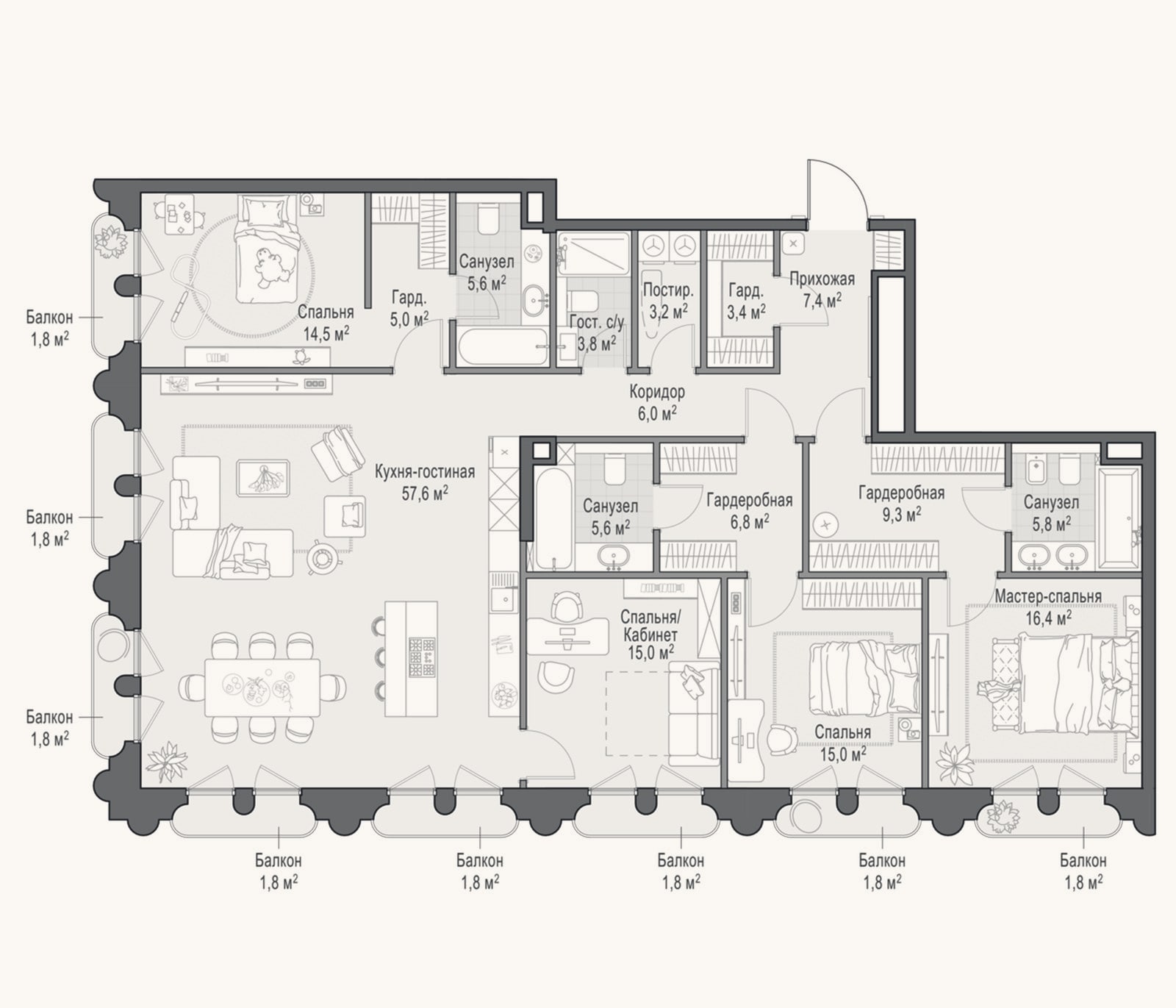 Планировка: 4+ к, 186,7 м²