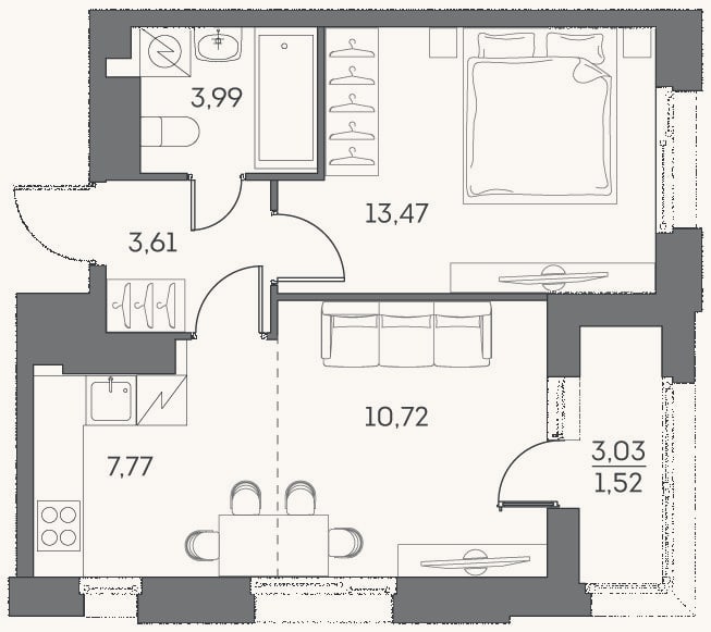 Планировка: 2-к, 39,6 м²