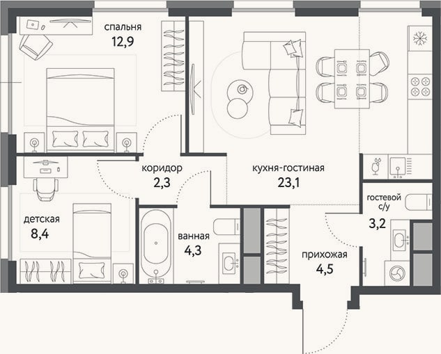 Планировка: 3-к, 58,7 м²