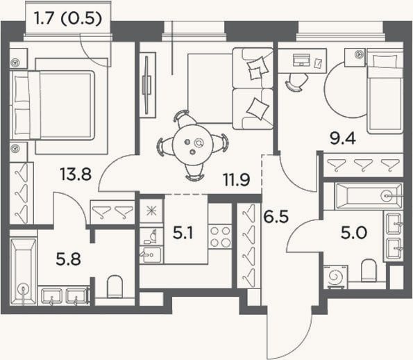 Планировка: 3-к, 57,5 м²