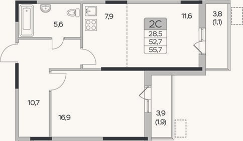 Планировка: 1-к, 52,7 м²