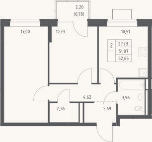 Планировка: 2-к, 51,9 м²