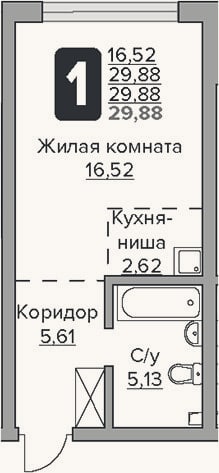 Планировка: Студия, 29,9 м²