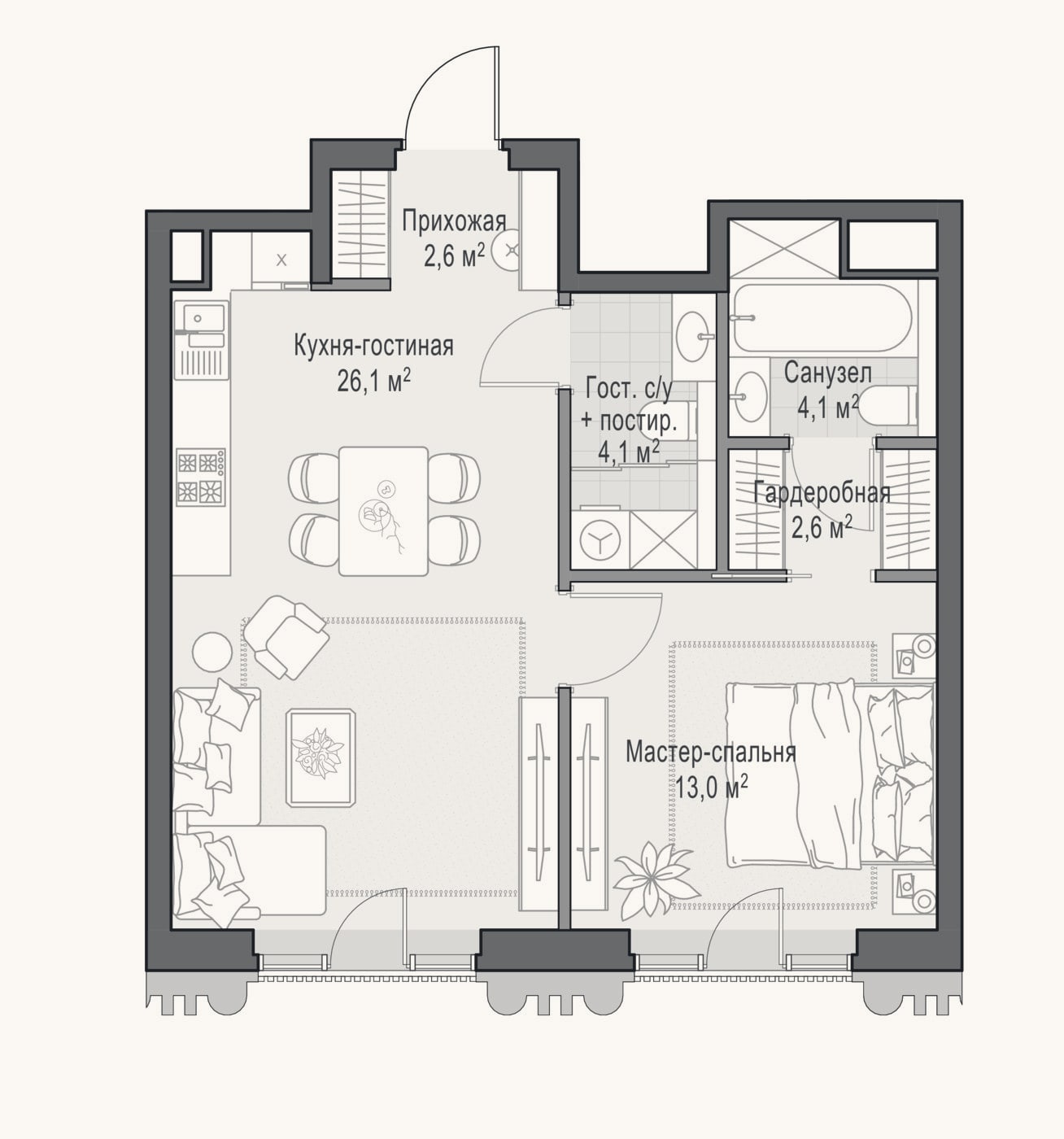 Планировка: 2-к, 52,1 м²