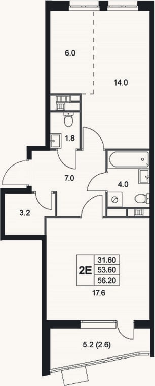 Планировка: 2-к, 53,6 м²