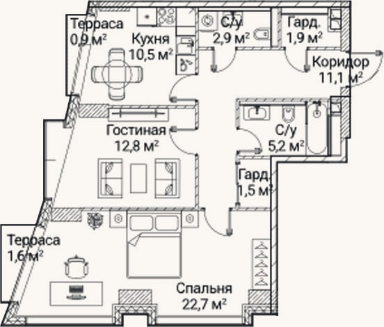 Планировка: 2-к, 67 м²