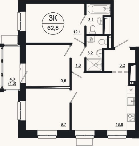 Планировка: 3-к, 61,5 м²