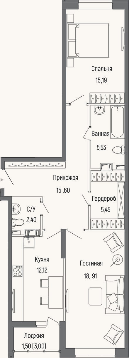 Планировка: 2-к, 75,2 м²