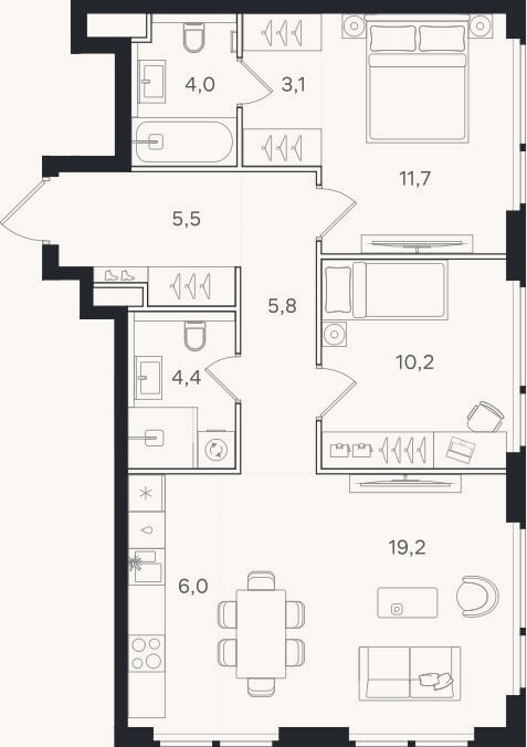 Планировка: 3-к, 69,9 м²