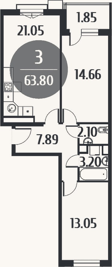 Планировка: 3-к, 62 м²
