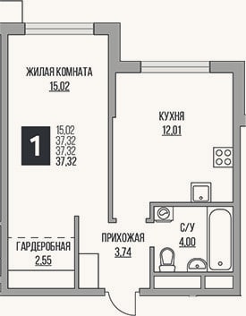 Планировка: 2-к, 37,3 м²