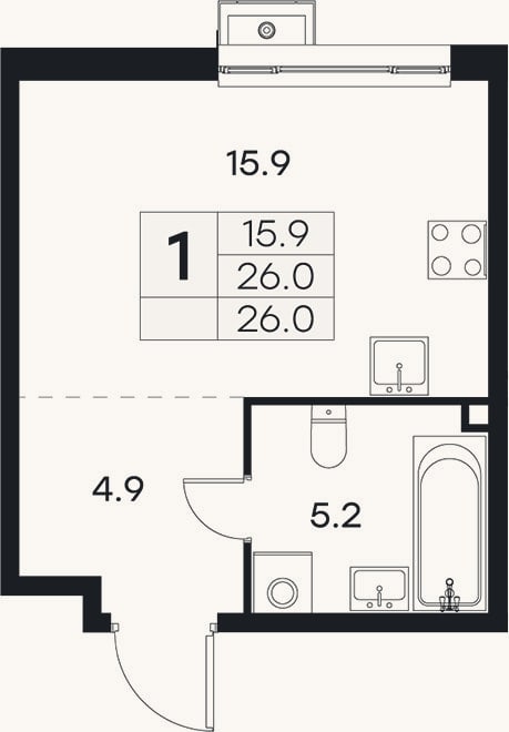 Планировка: Студия, 26 м²