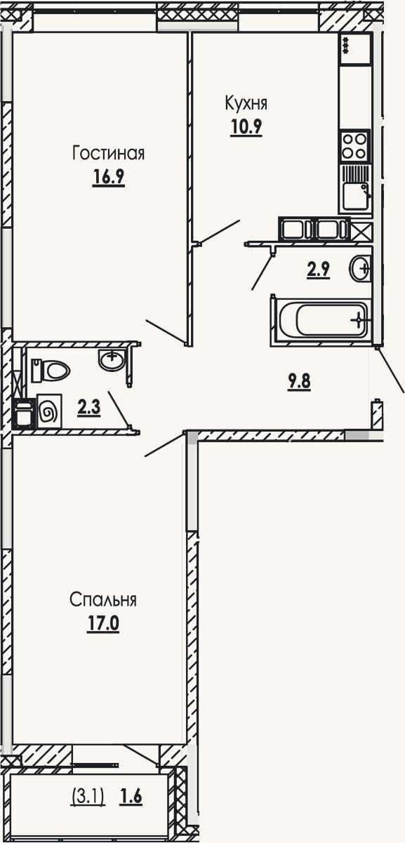 Планировка: 2-к, 59,8 м²