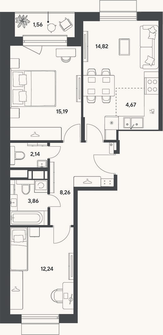 Планировка: 3-к, 61,2 м²