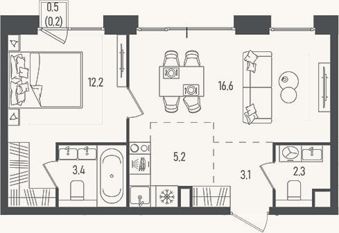 Планировка: 2-к, 44,1 м²