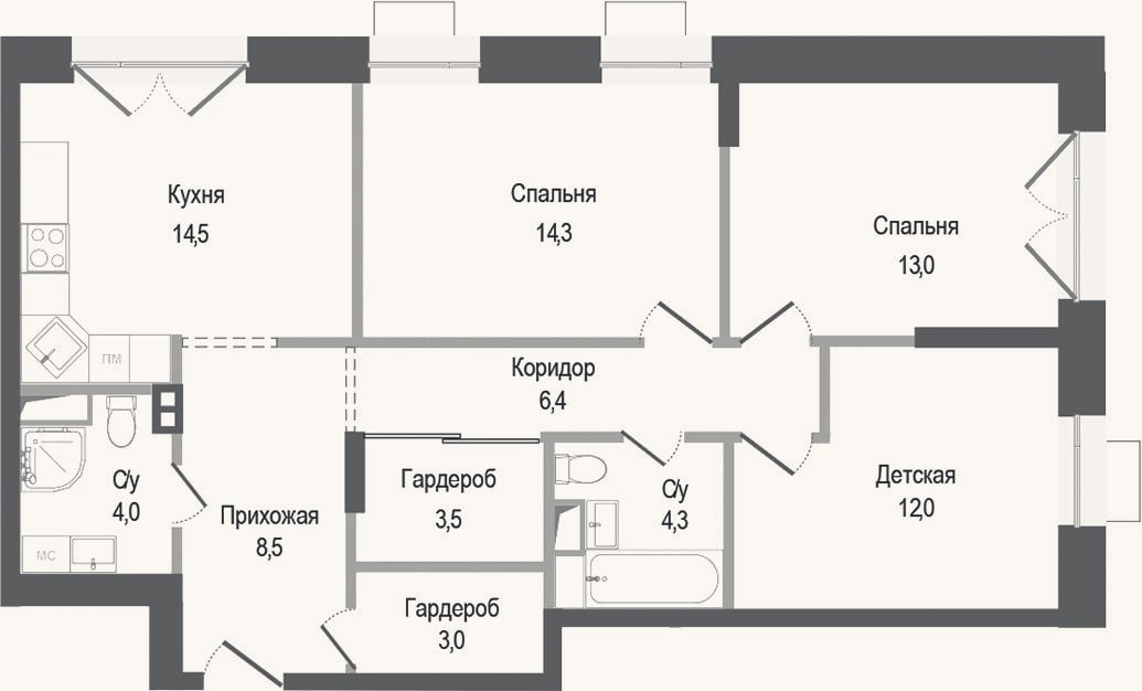 Планировка: 3-к, 83,5 м²