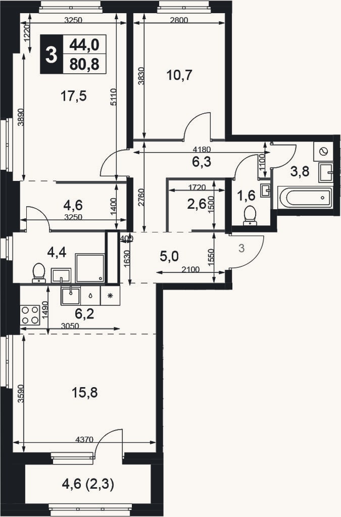 Планировка: 3-к, 78,5 м²