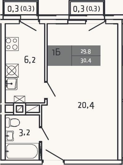 Планировка: 1-к, 29,8 м²