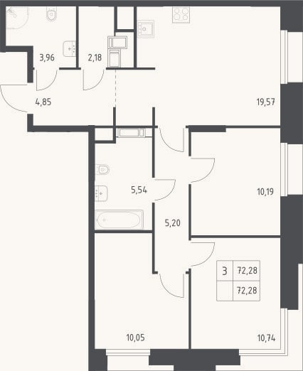Планировка: 3-к, 72,3 м²