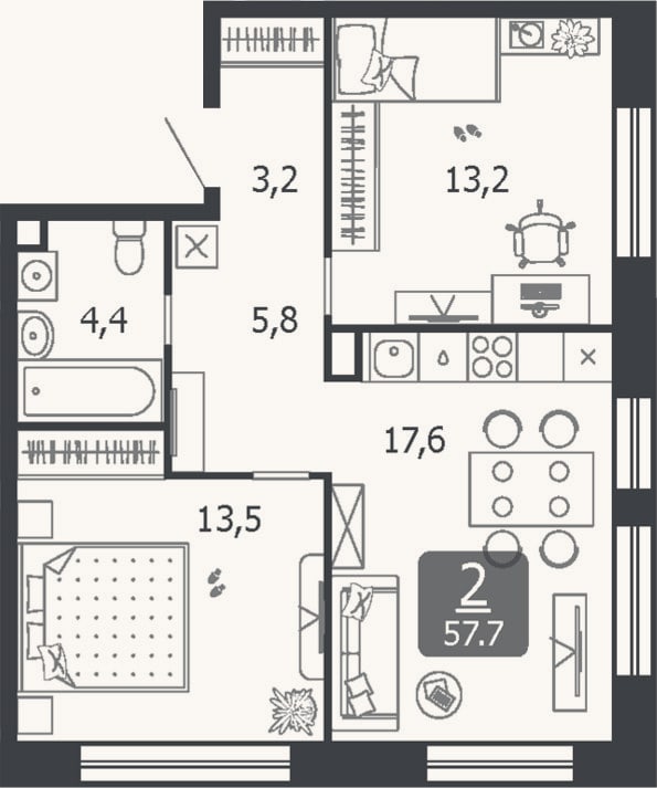 Планировка: 3-к, 57,7 м²