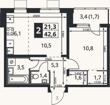 Планировка: 2-к, 41,9 м²