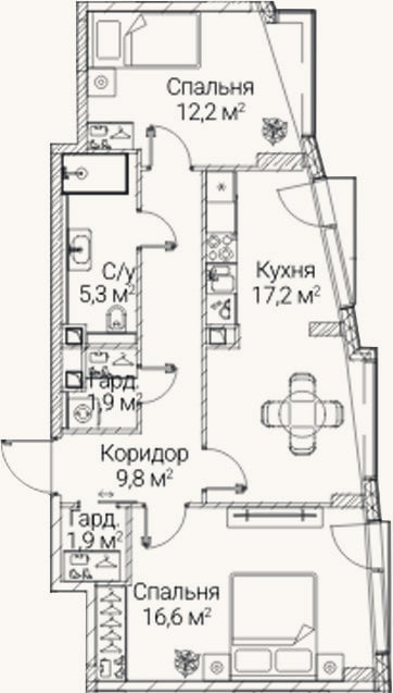 Планировка: 2-к, 64,9 м²