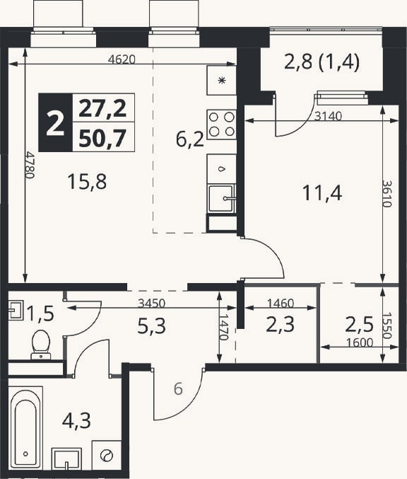 Планировка: 2-к, 49,3 м²