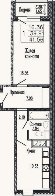 Планировка: 1-к, 41,4 м²