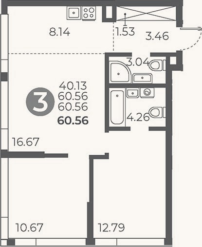 Планировка: 2-к, 60,6 м²