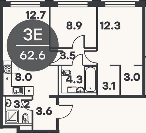 Планировка: 3-к, 62,6 м²
