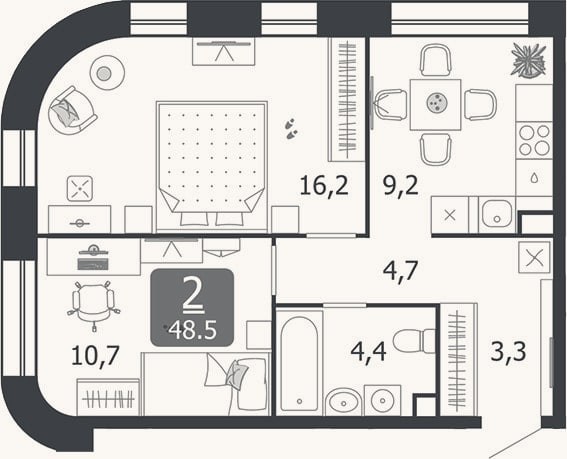 Планировка: 2-к, 48,5 м²