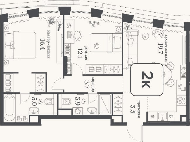 Планировка: 2-к, 64,3 м²