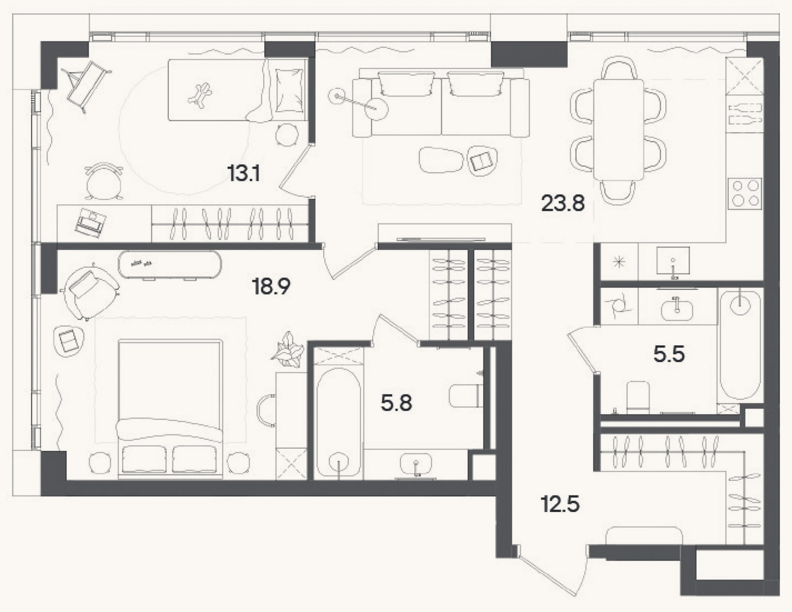 Планировка: 3-к, 80,1 м²