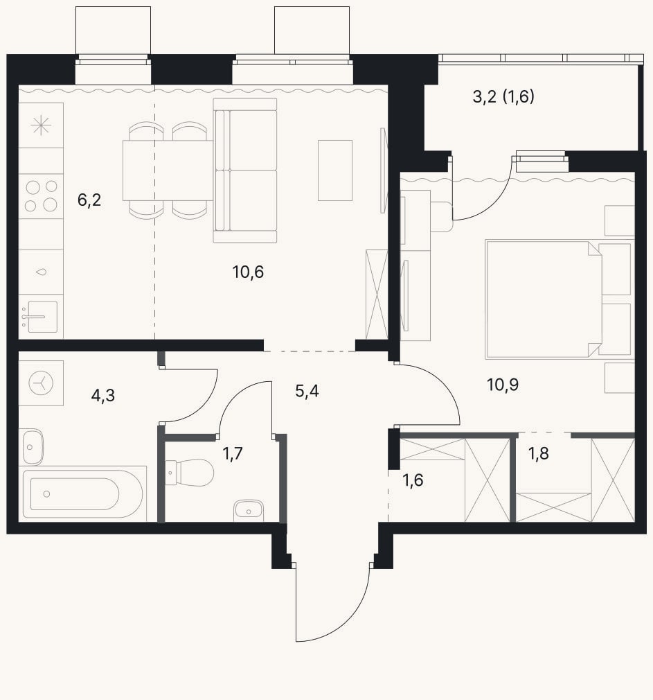 Планировка: 2-к, 42,5 м²