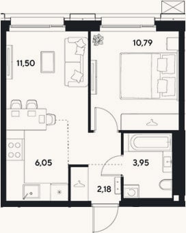 Планировка: 2-к, 34,5 м²