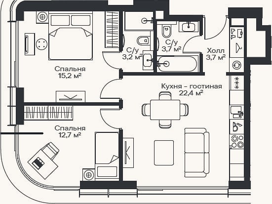 Планировка: 3-к, 59,7 м²