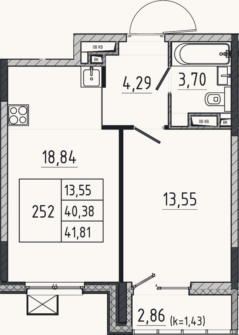 Планировка: 2-к, 40,4 м²