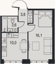 Планировка: 1-к, 33,5 м²