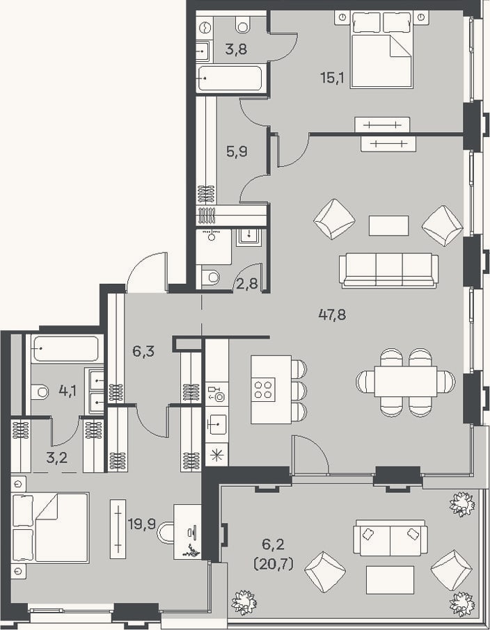 Планировка: 3-к, 108,9 м²