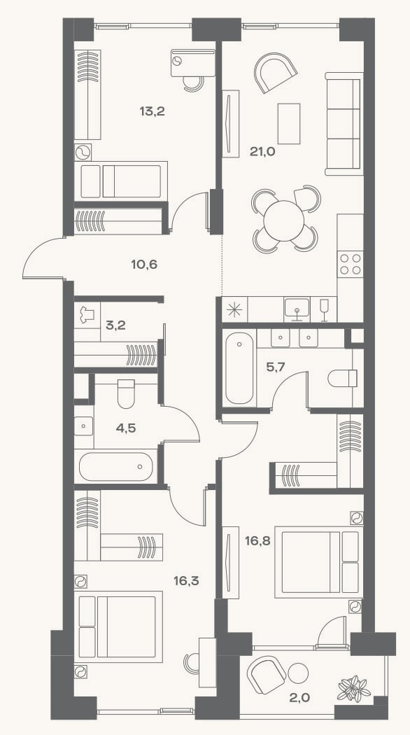 Планировка: 4+ к, 91,3 м²