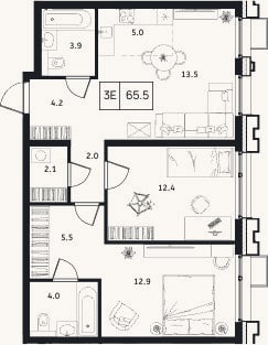 Планировка: 3-к, 65,7 м²