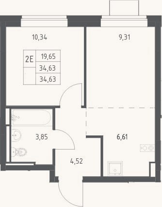 Планировка: 2-к, 34,6 м²