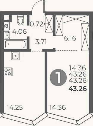 Планировка: 1-к, 43,3 м²