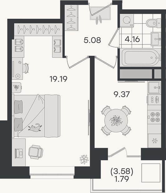 Планировка: 1-к, 37,8 м²