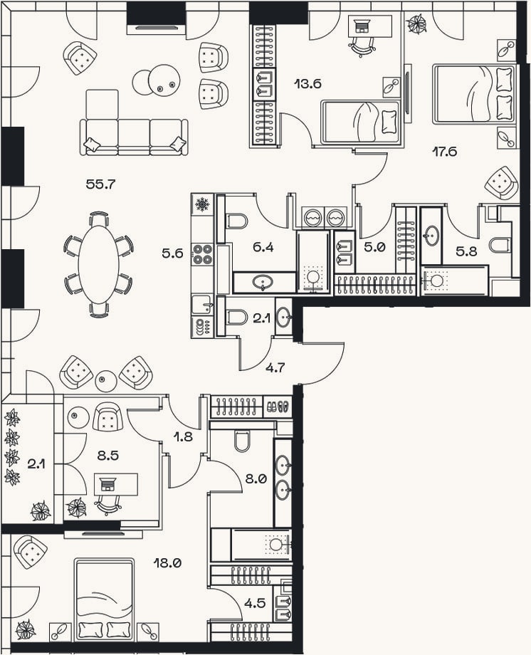 Планировка: 4+ к, 158,7 м²